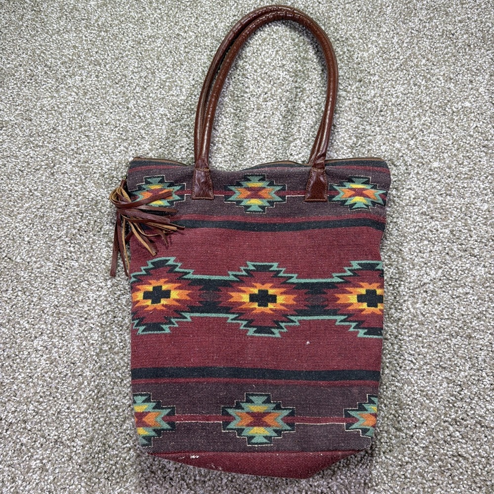 Vintage Aztec Woven Tote Bag Leather Handle